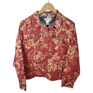 Coldwater Creek Floral Button Down Jacket Medium Red Beige Cotton Blend‎